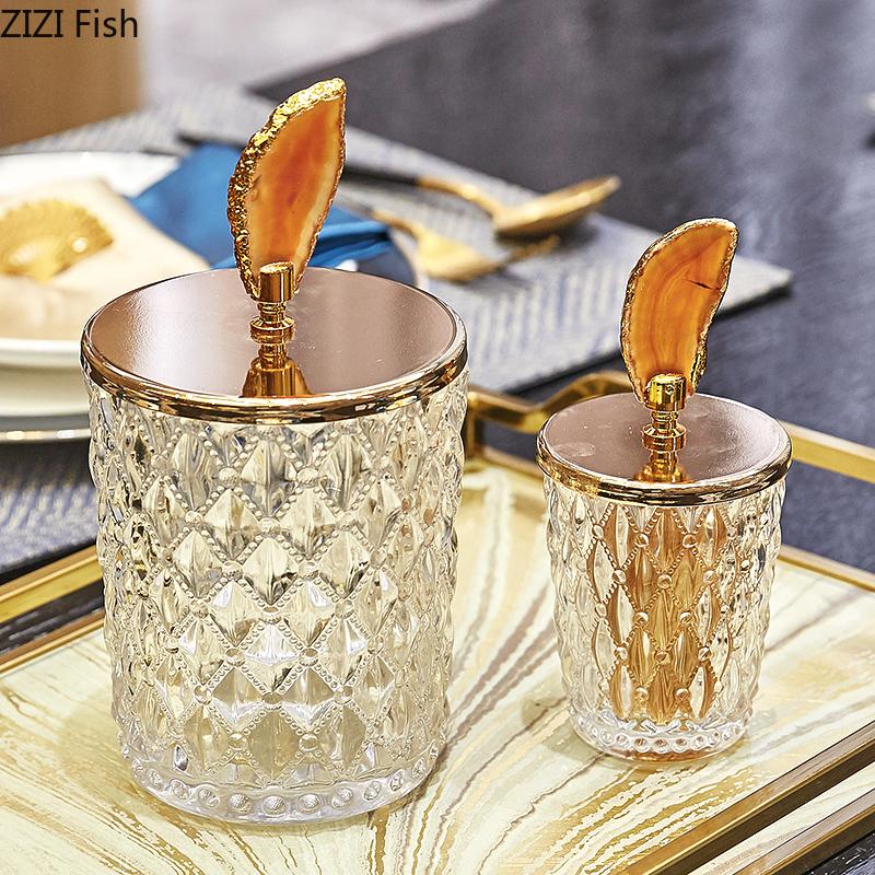 Glass Storage Jars Relief Tea Canister Candy Pot Natural Agate Stone Decorative Crystal Storage Jar with Cover Spice Organizer