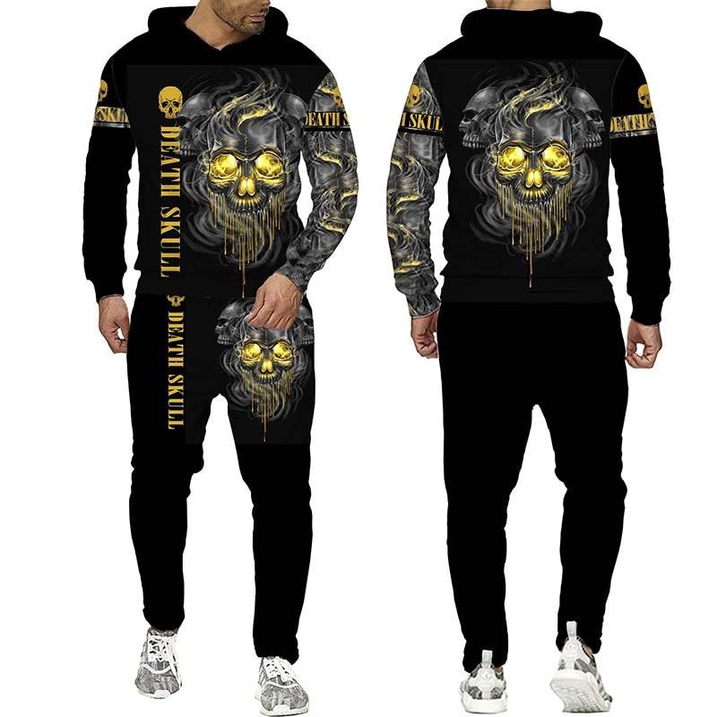Set de hanorac cu glugă pentru bărbați cu imprimeu 3d punk craniu, haine sportive pentru bărbați, toamnă și iarnă