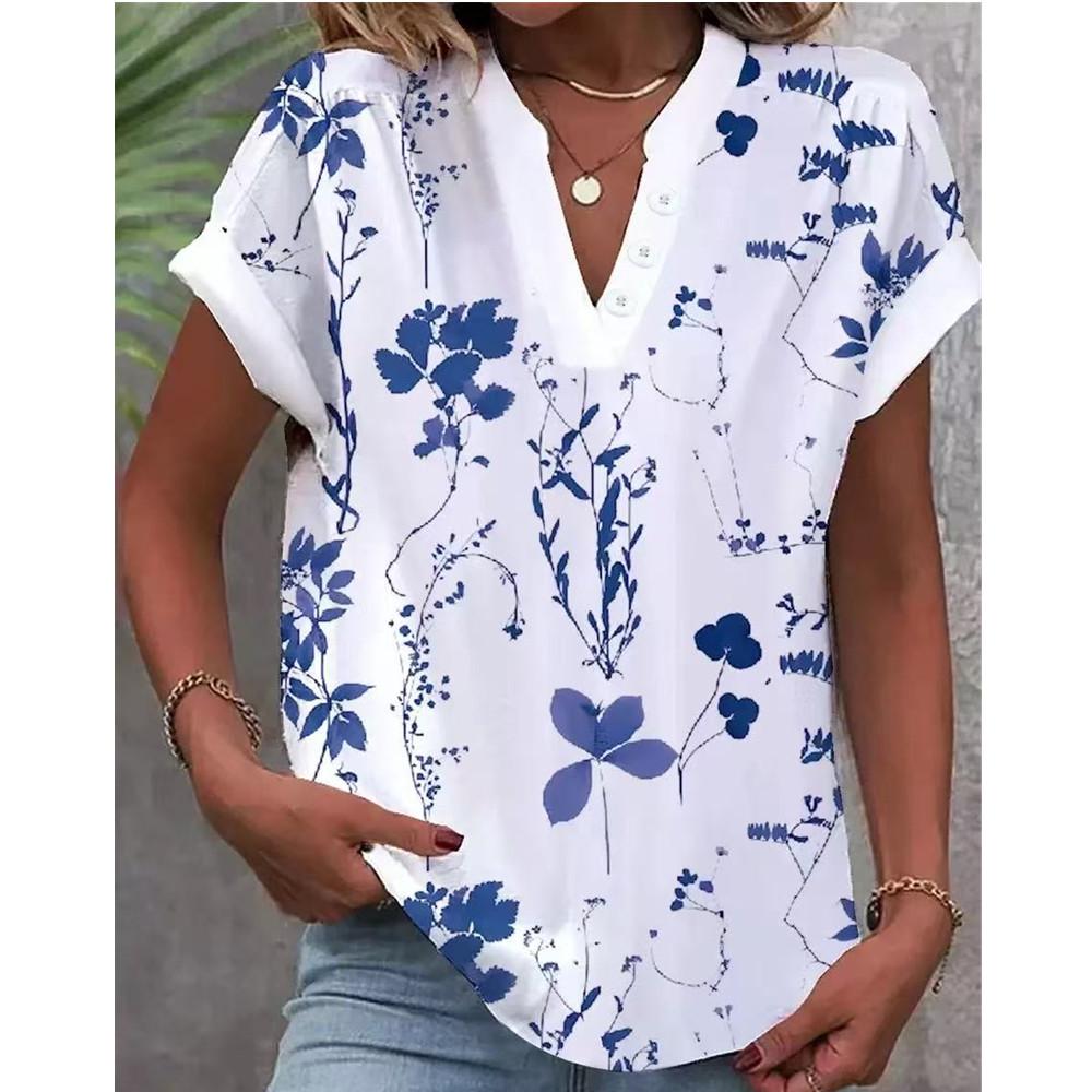 EastRogue Women's Fashion Casual Summer Solid Color Print Short Sleeve V-Neck Blouses & Shirts