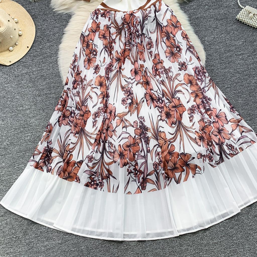 Women Fashion Knitting Sweater Patchwork Chiffon Dress Summer Short Sleeve Casual Floral Print Pleated Vacation Holiday Midi Sundress