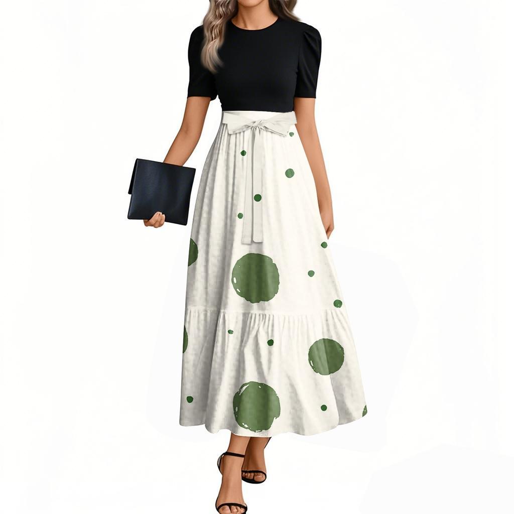 Damenmode Lässiger Gürtel Kurzarm Rundhals Retro Gepunktet Gedruckt Spleißen Elegantes Temperament Kleid