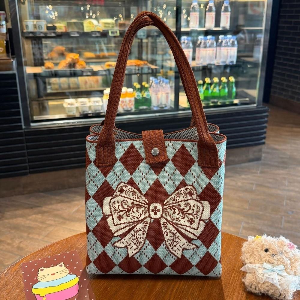 Large Capacity Knitted Bucket Handbag Lightweight Handheld Bag Cartoon Tote Bag  Casual Use
