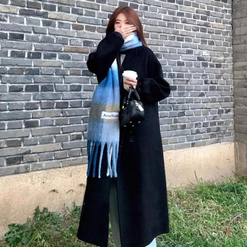 2025 Korean Style Wool Mid-Length Over-the-Knee Coat S чёрный