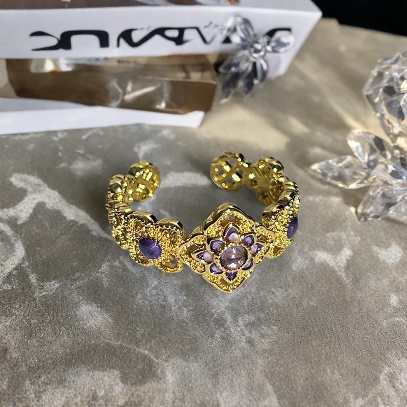 High-End Brown Colored Treasure Retro Flower Enamel Purple Dripping Oil Opening Ring Medieval French Retro Ring Woman