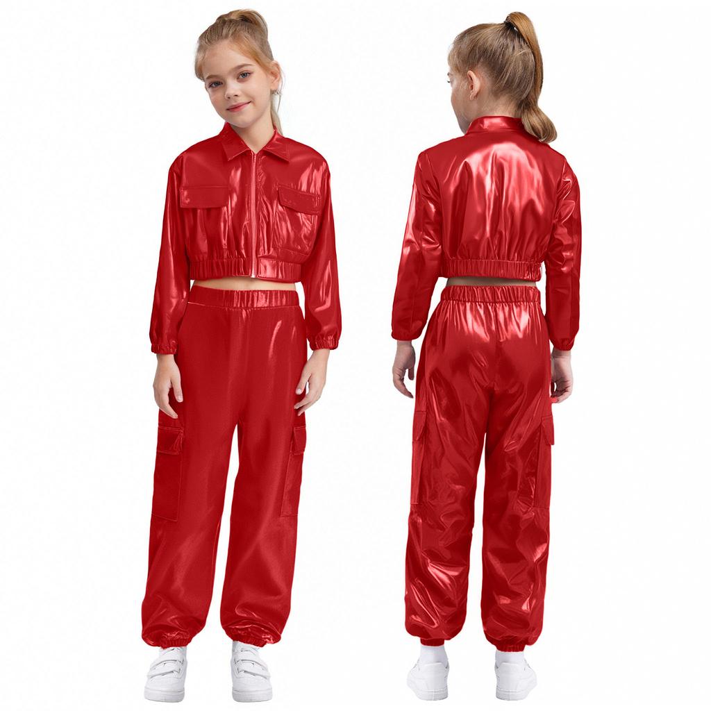 Unisex Kinder Hip Hop Tanzkostüm Metallic-Jacke mit Langarm-Umlegekragen und glänzendem Hosenset