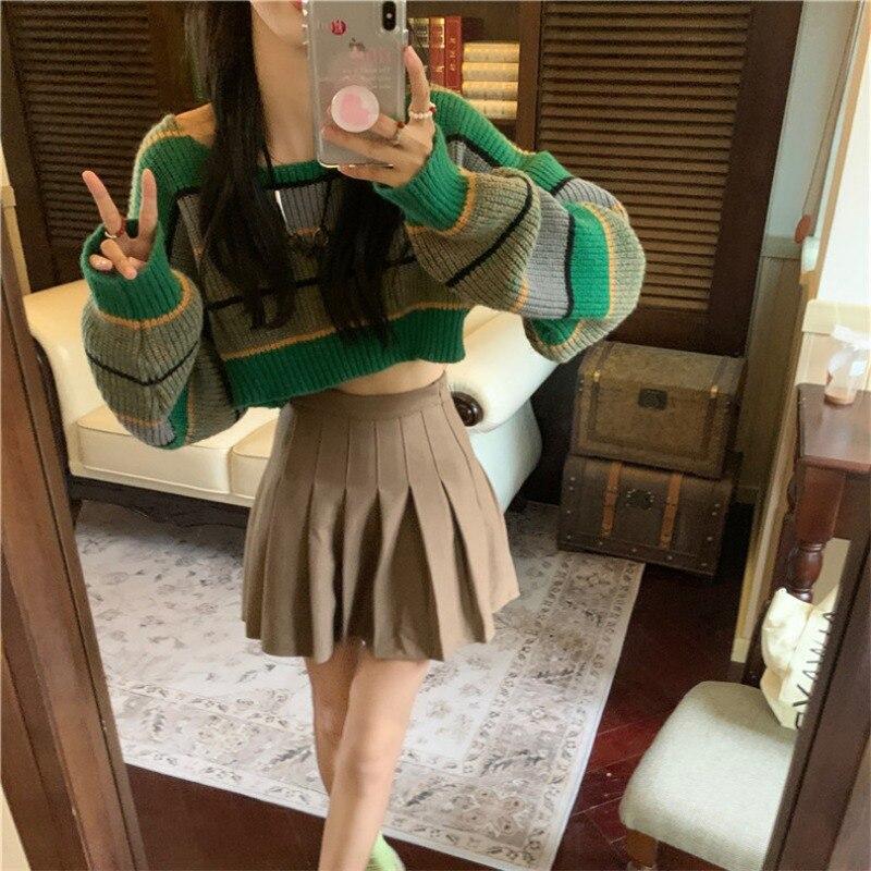 Fashion Color Contrast Striped Sweater Spring And Autumn Long Sleeve Short Pullover Casual O-neck Knitted Tops Lady Jumpers 28633