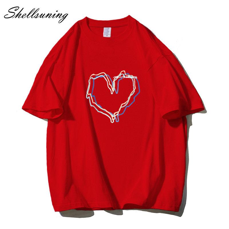 Shellsuning Loose O Neck Cotton Printed Shirts Women Summer Kawaii Heart Graphic Tees Female Casual Short Sleeve Base Black Tops