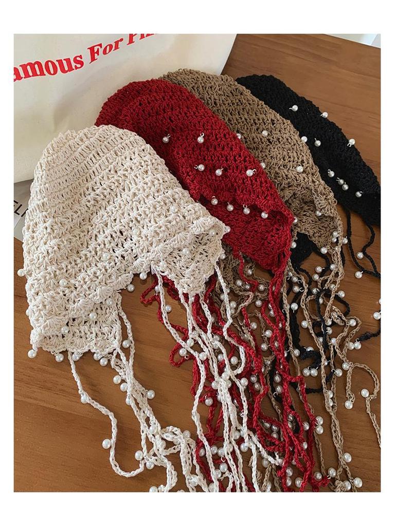 Summer Ethnic Style Knitted Hat with Hollow Pearl Tassel Pendant - Retro Face-Showing Design for Women