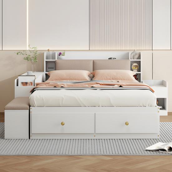 140 X 200cm Storage Bed with Drawers Headboard Built-in Storage Compartment Bedside Table Sofa Bench Strong Wood Slat Support Bed Home Furniture