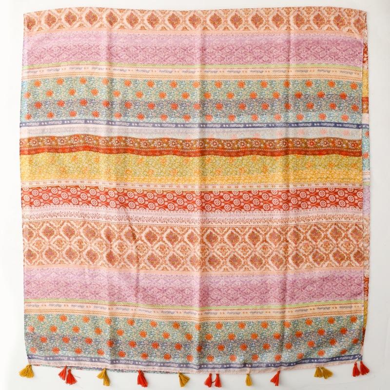 Floral Boho Scarf with Tassels - Breathable Viscose, Lightweight Beach Shawl In Red, Pink, Yellow & Green, Perfect for Spring & Summer