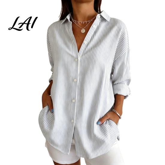 Women Collared Shirts Striped Shirt for Summer Autumn Button Down Single Casual Blouses Breasted Blouse Dressy Long Sleeve Top Office Work Tops
