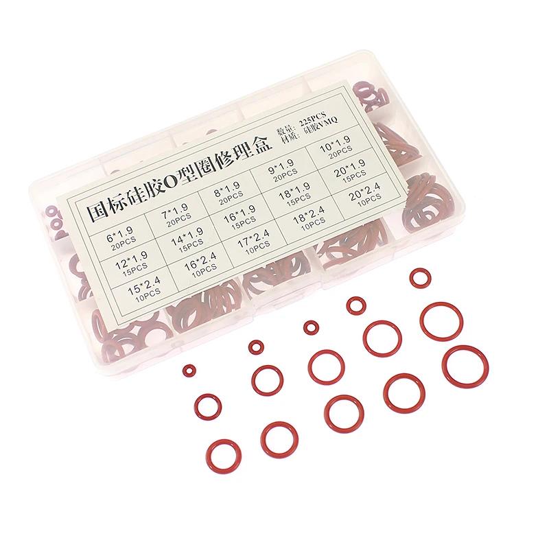 225pcs O Rings Rubber Red Silicone O Ring Seal Sealing Silicon Rubber Oil Resistant Washer O-rings Assortment Kit Set Gasket Box