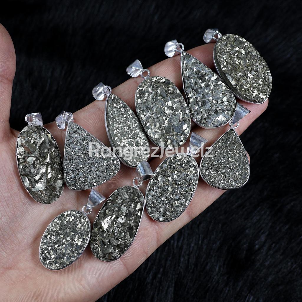 Pyrite Druzy Pendant Sterling Silver Pendant Rough Pyrite Pendant Bezel Pendant Mix Shape Pyrite Gemstone Pendant Gold Pyrite Necklace Jewelry