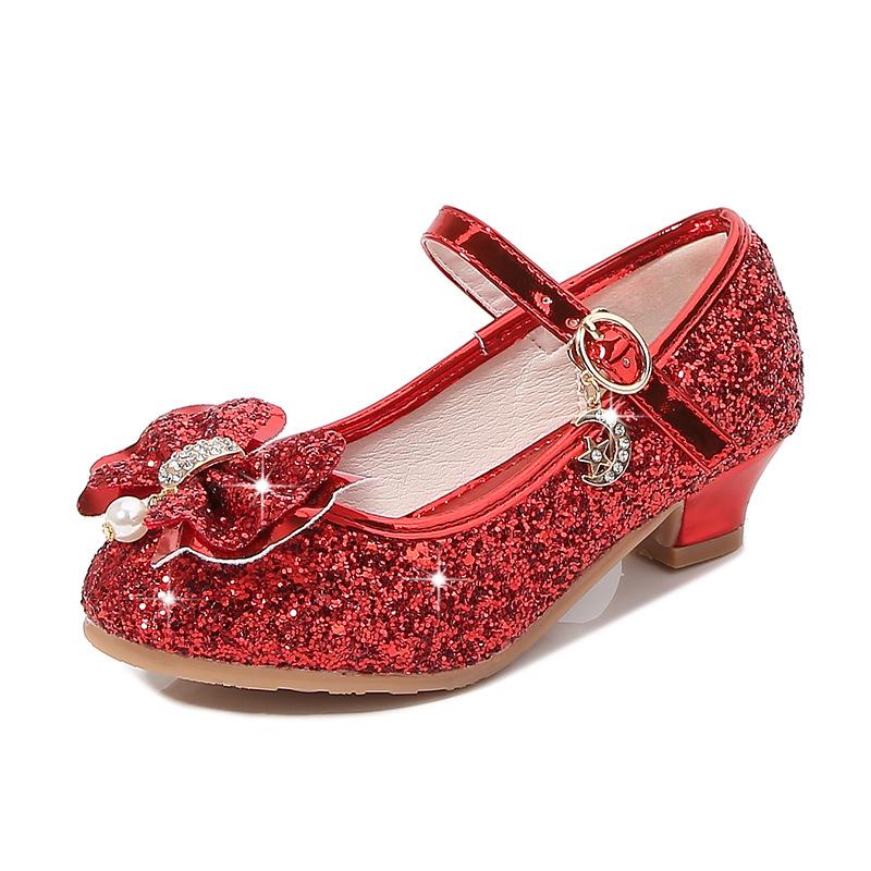 Sapatos de Salto Alto de Couro para Meninas com Laço de Strass - Modelo Princesa de Cristal Primavera 2025