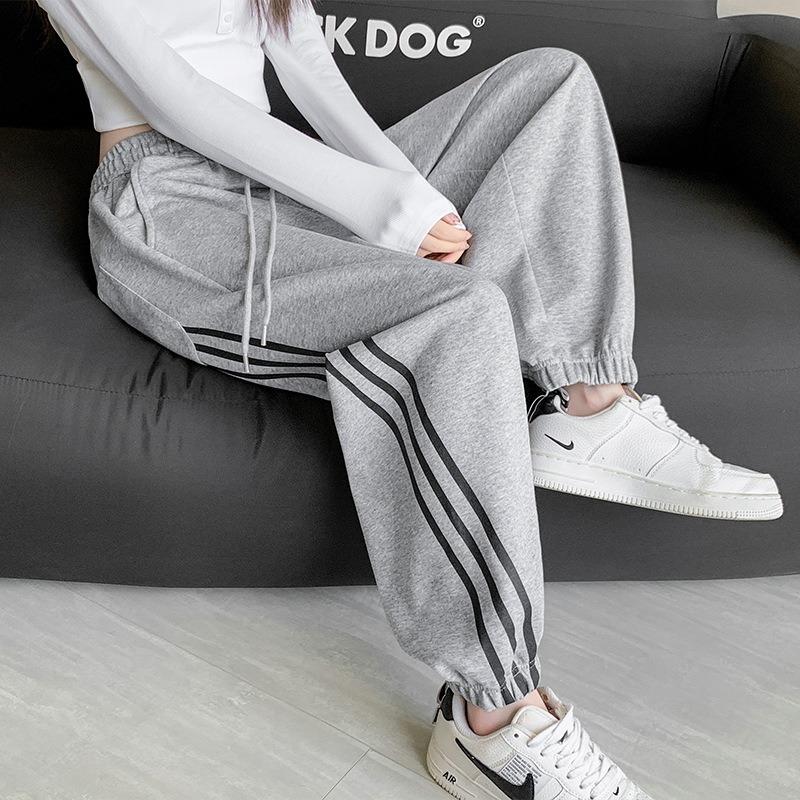 Gray three-bar sweatpants women's spring and autumn new high-waisted and thin Harlan tied feet casual wide-leg sweatpants