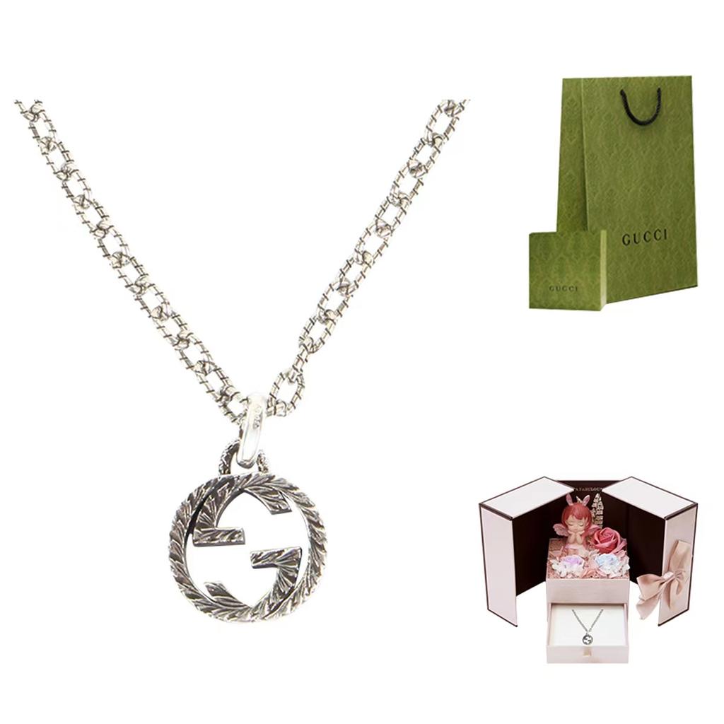 Gucci Verschlungener strukturierter Doppel-G Silberanhänger Halskette Unisex Halskette 455307-J8400-0811