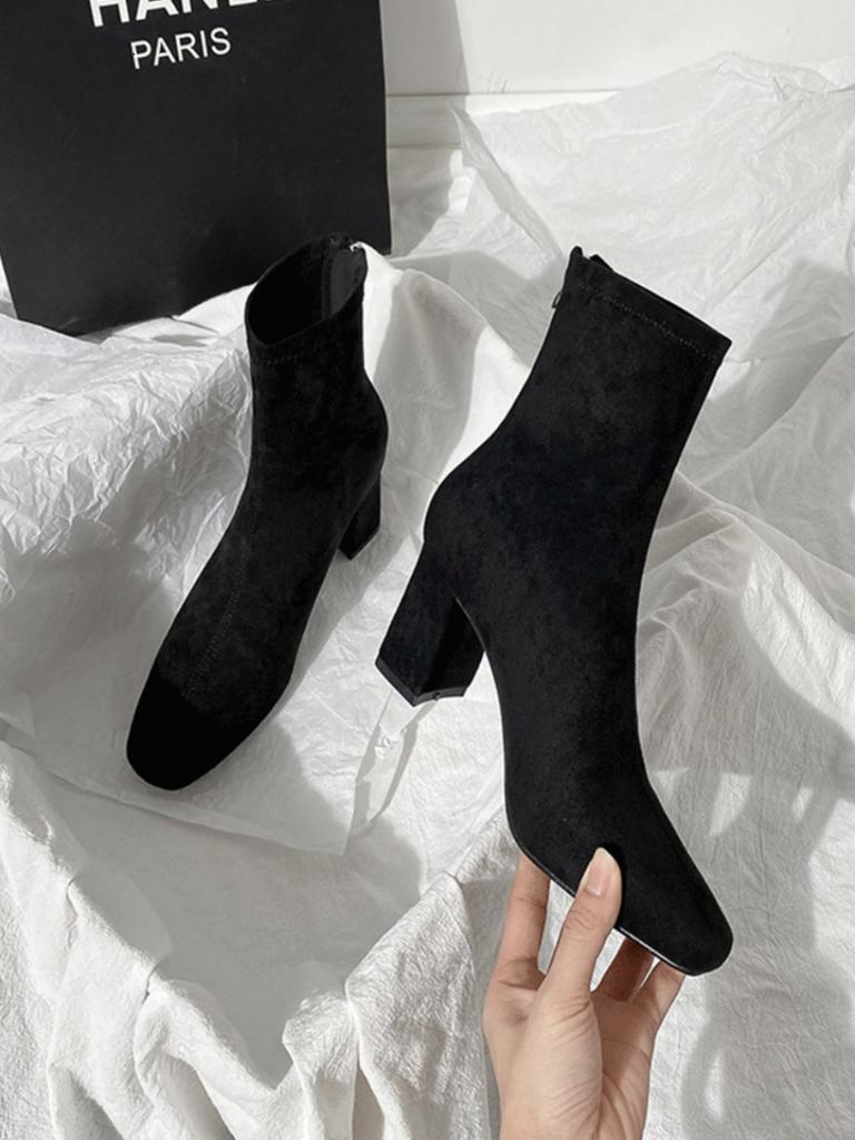 Hnědé krátké boty dámské vysoké podpatky podzim a zima nové semišové zadní zip francouzské malé kotníkové boty silný podpatek elastické čtvercová špička tenké boty