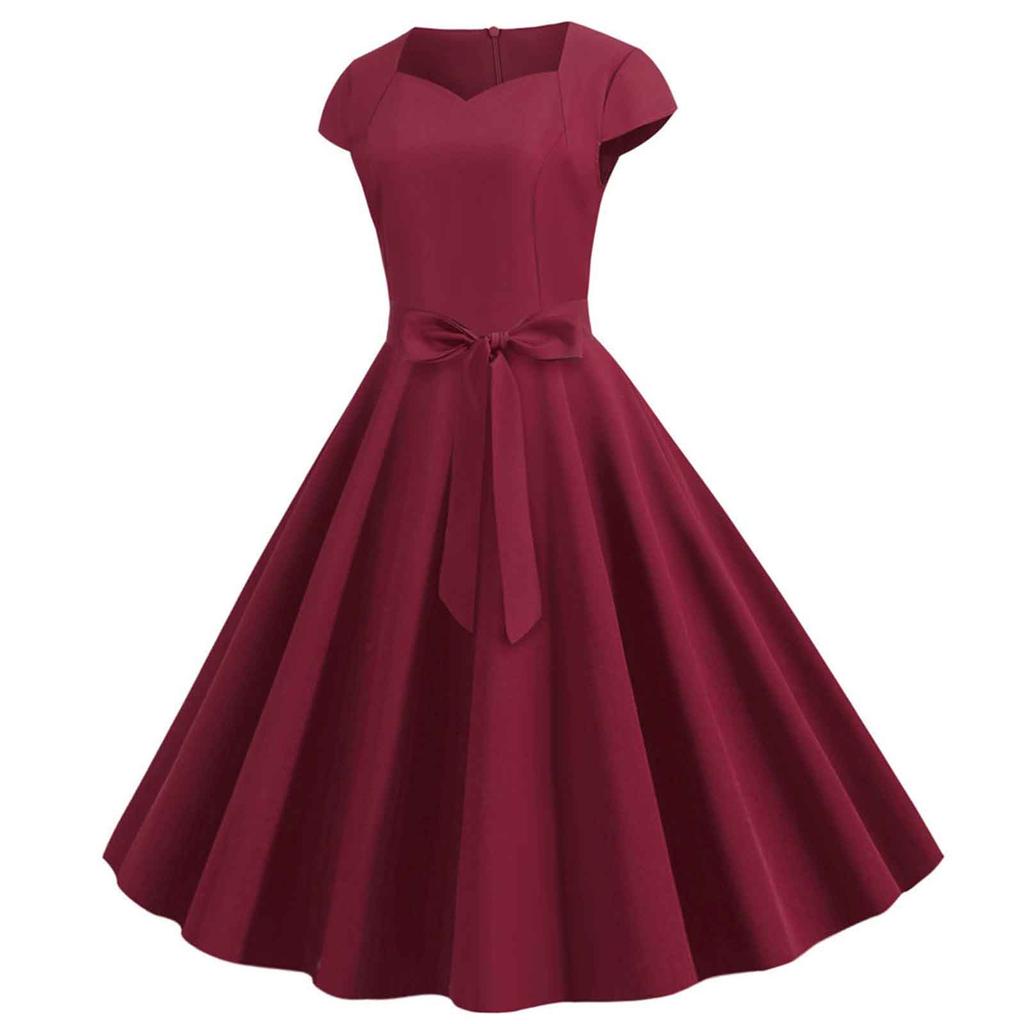 Women's Fashion Casual Slim Fit Colour Vintage Dress With Belt With Large Hem