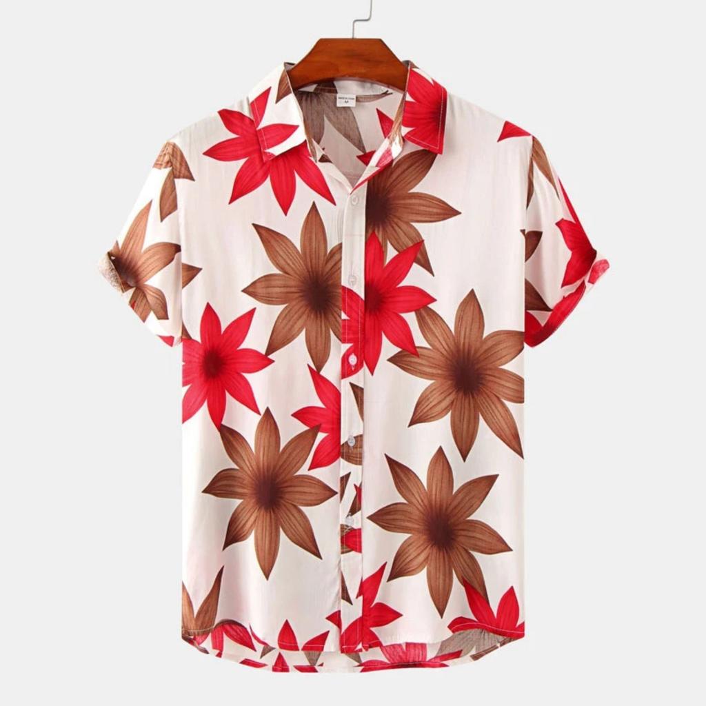 Men's Summer Breathable Plant Print Shirt Hawaiian Seaside Comfortable Short Sleeved Fashionable Design New Model Cool