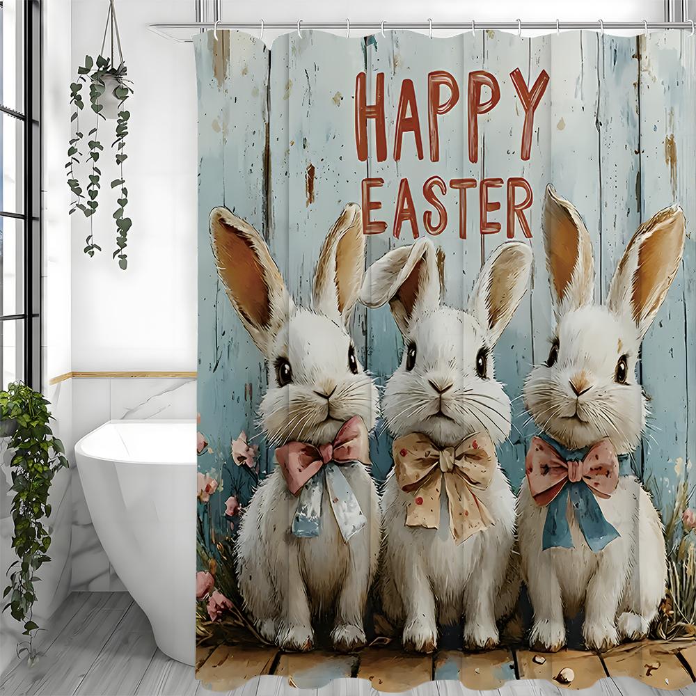 Happy Easter Shower Curtain, Cute Gentleman Bunny Egg Bow Decorative Shower Curtain, Spring Floral Wooden Shower Curtain with H