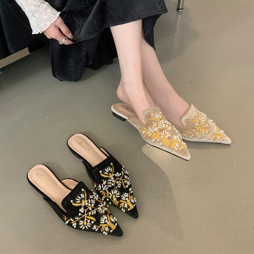 Slippers Women's Bag Head Embroidery Half Slippers Women's Summer Wear Pearl Velvet Pointed Retro Flat Muller Shoes