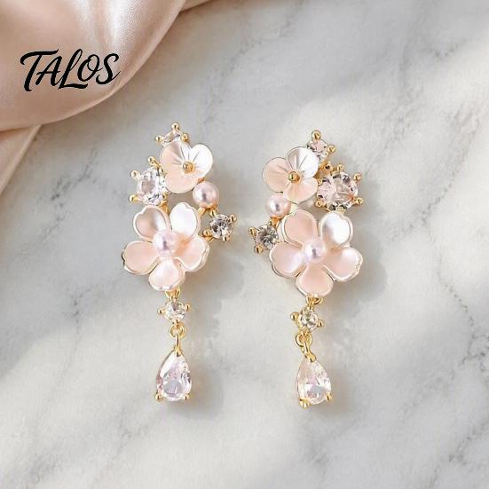 Drop Earrings for Women 1 Pair Flower Dangle Women, Pink Three Dimensional Petal with Rhinestone Teardrop Charm, Statement Jewelry Wedding,