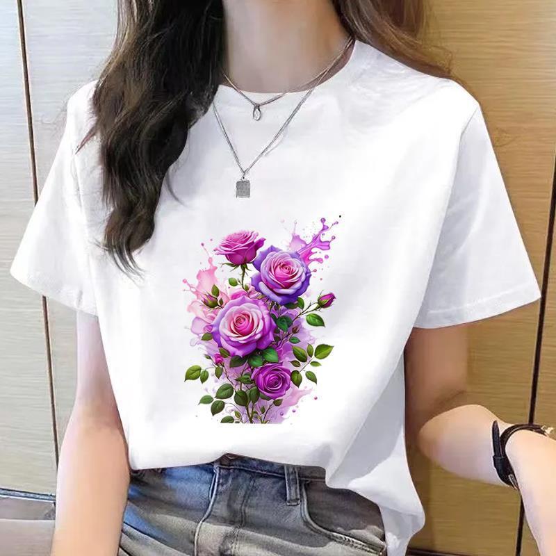 Korean Style Women's Floral Printed Short Sleeve T-Shirt, Round Neck, Casual Fashion for Youth