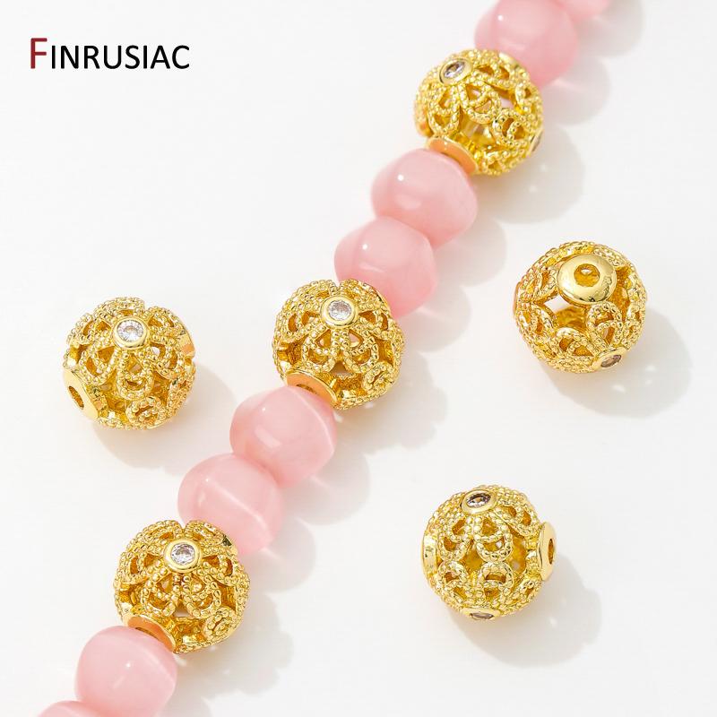 18K Gold Plated Brass 10mm Hollow Spacer Beads,Separators For Beads,Inlaid Zircon Round Beads For DIY Jewelry Making Findings