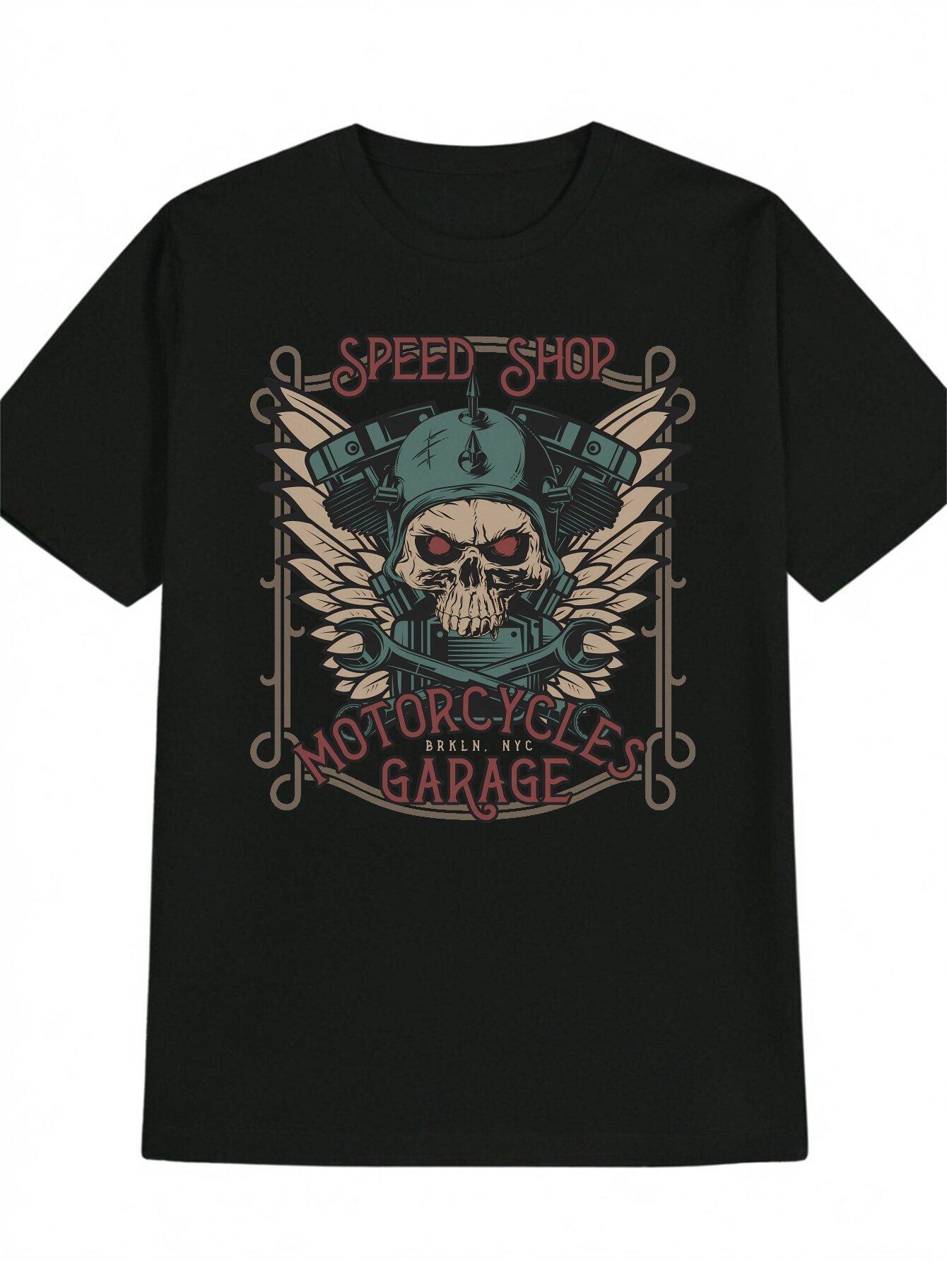 Casual Graphic T-shirt - SPEED SHOP MOTORCYCLE GARAGE Skull & Wings Print S