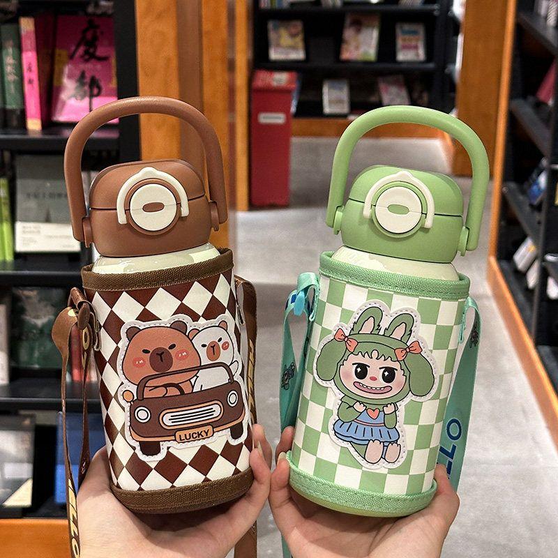 High-Quality 316 Stainless Steel Cute Portable Cartoon Large-Capacity Insulated Cup for Children, Student Double-Drink Straw Water Cup