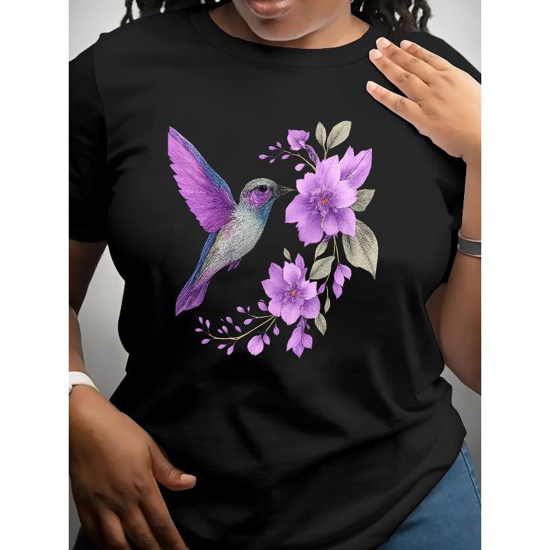European Size Outdoors Walking Summer Tee - Hummingbird Nature Floral T-Shirt - Vacation Travel Hiking - Bird Watching - Bird Watcher