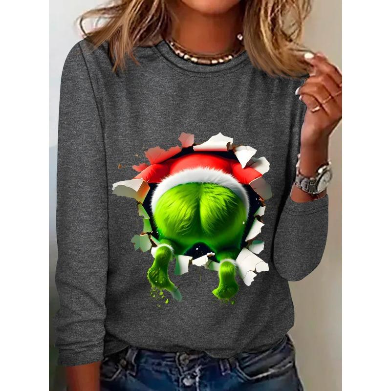 Rundhals 3D-bedrucktes lustiges Weihnachts-Dschinni-Muster Top Modische lässige langärmelige Damen-T-Shirts