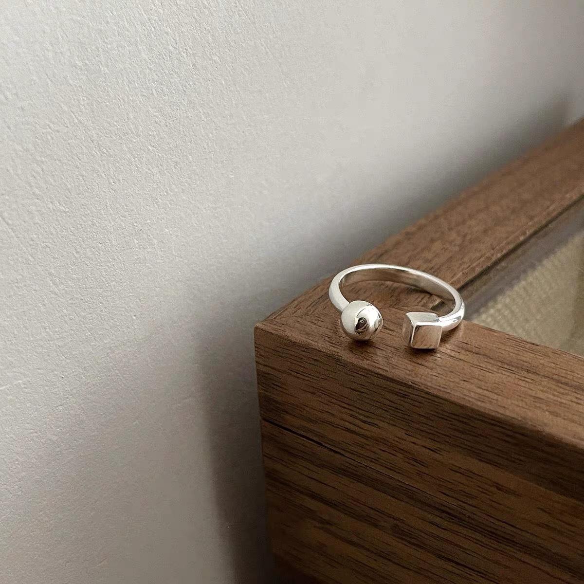 Korean S925 Sterling Silver Geometric Square Ring - Trendy, High-End, Simple Design for Women. Adjustable Open