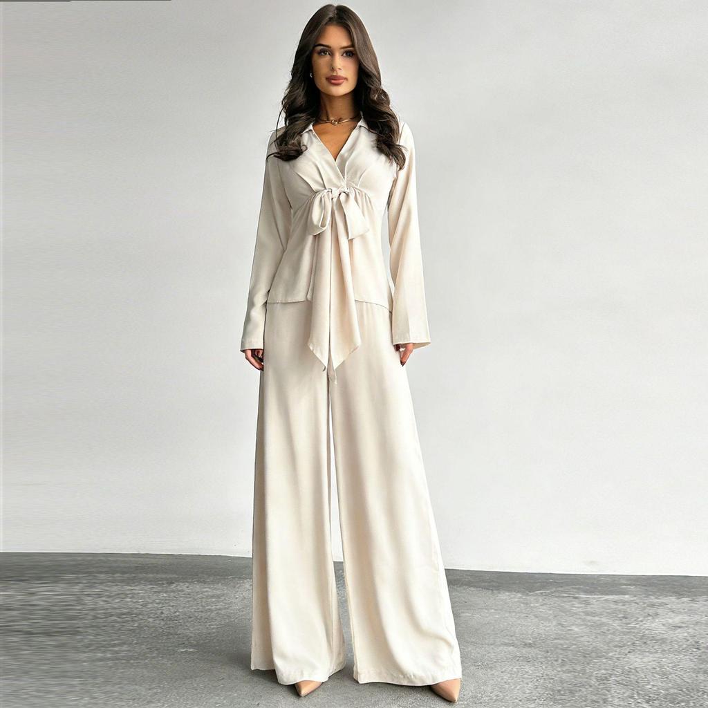 2025 Women's Autumn Casual Set: Solid Color Drawstring Top & Wide-Leg Pants