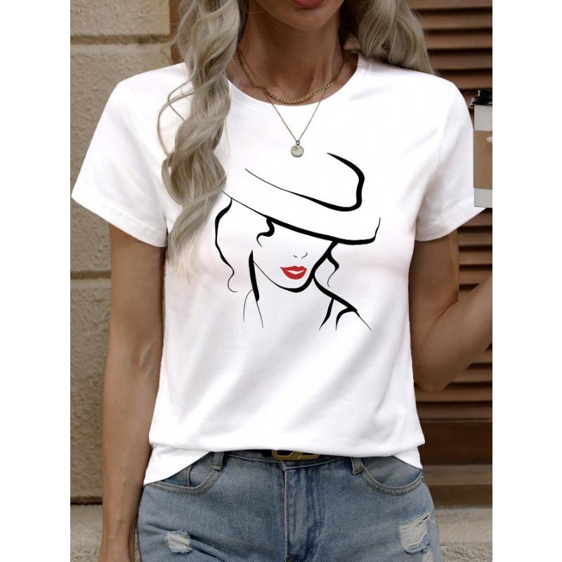 Summer Round Neck 3D Facial Depiction Pattern Print Top Fashionable Casual Short Sleeved Women's T-shirts