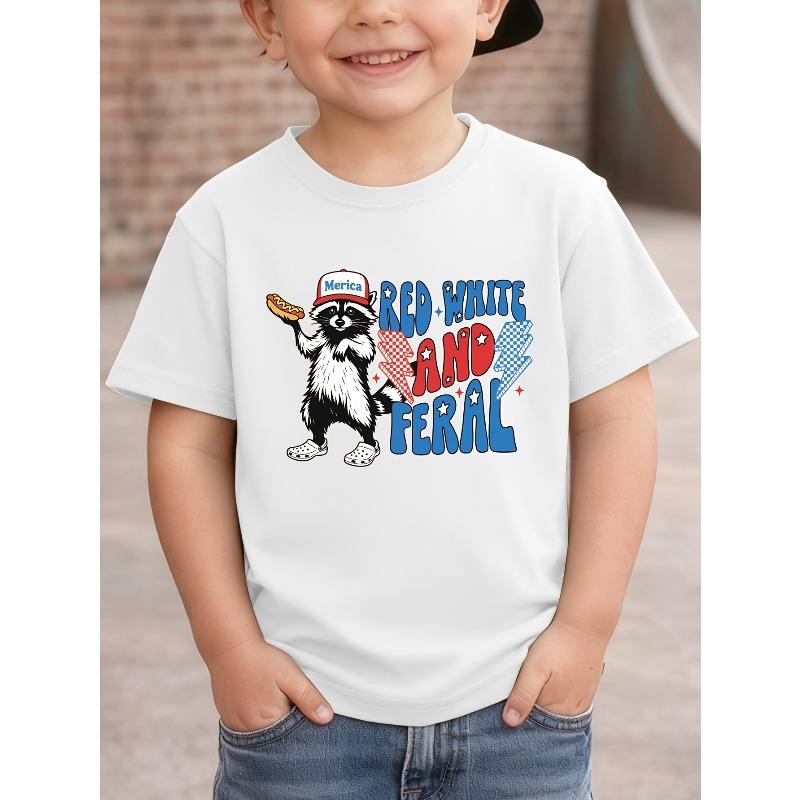 Boys Crewneck Short Sleeve Tee, Red White Feral Letter Raccoon Print Creative Casual Top 110 белый