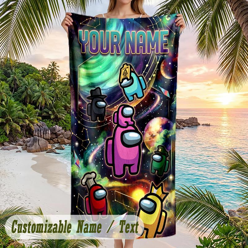 Among Us Beach Towel, Personalized Custom Text, Quick Dry Soft Large Towel For Swimming Pool Travel