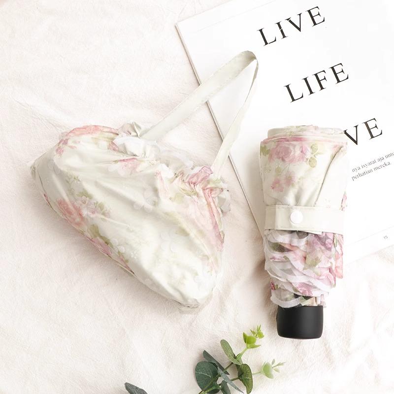 Double Layered Mini Five Fold Umbrella Embroidered with Flowers Black Glue Sun Protection UV Protection Rain Sunny Dual-purpose Sun Umbrella