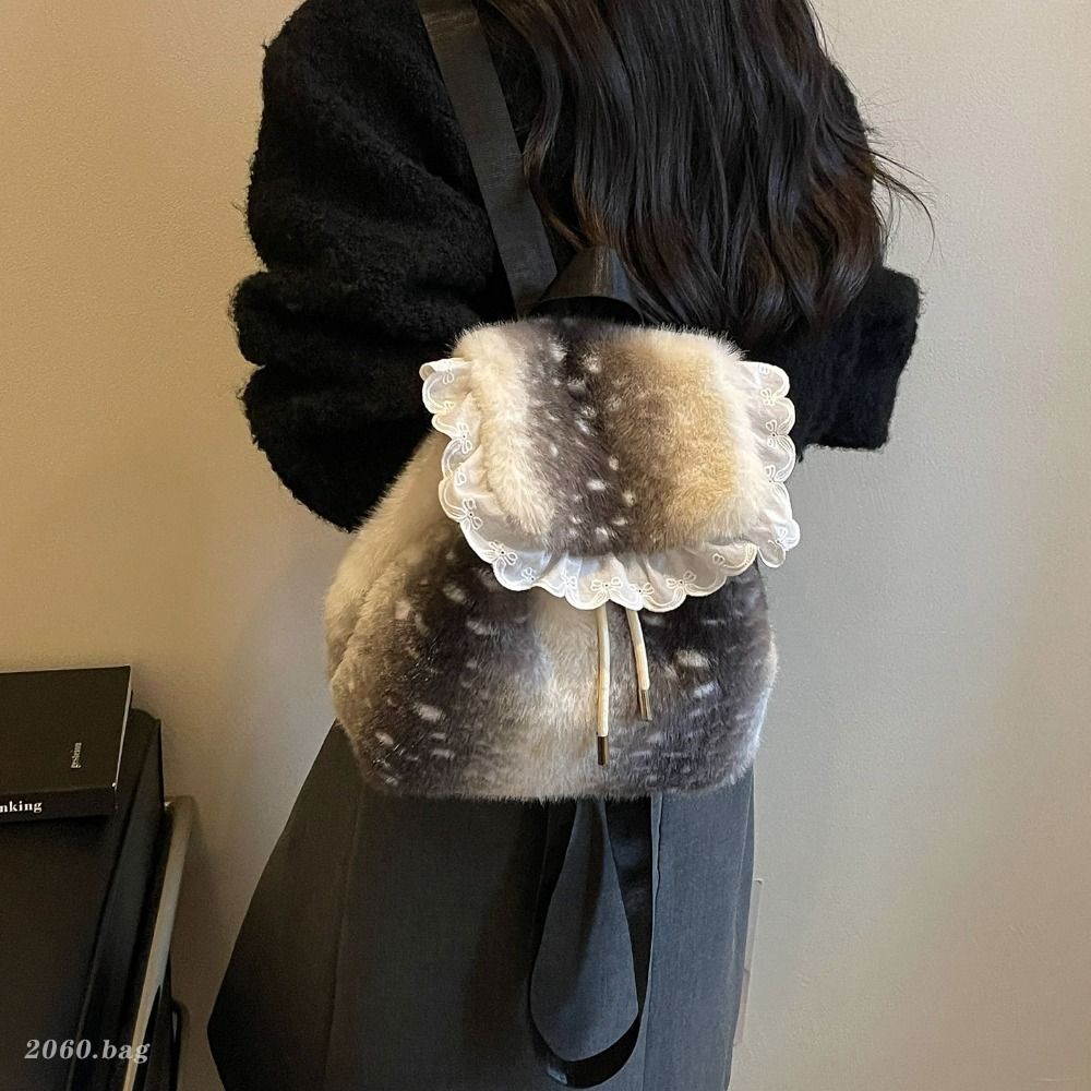 Deer Spot Fluffy Shoulder Bag Soft Plush Backpack Casual Drawstring School Bag Autumn Winter