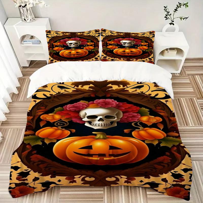 3Pcs Halloween Skull Pumpkin Bedding Set Soft Fabric Duvet Cover Pillowcases Home Christmas Xmas Halloween Gift 1 Duvet Cover 2 Pillowcase Eg116