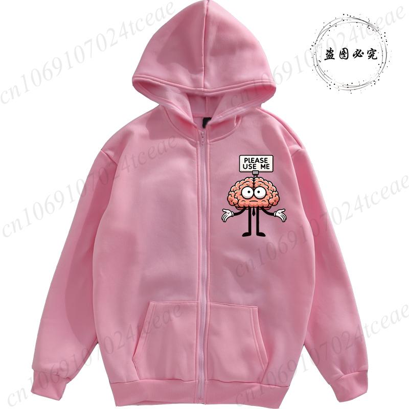 Harajuku Zip Up Hoodies Girl Hooded Sweatshirts Funny Please Use This Your Brain Sarcasm Women Pullovers Pocket Tops Streetwear