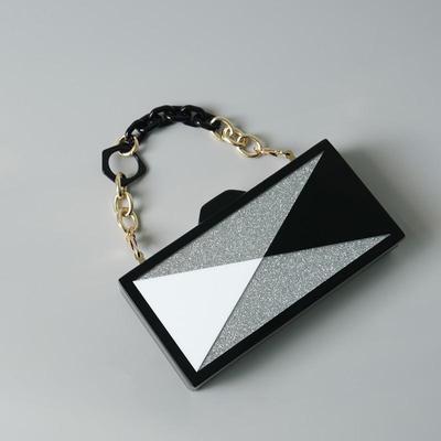 New Trendy Fashion Women Handbag Black Silver Patchwork Acrylic Luxury Wedding Party Evening Bag Woman Luxury Box Clutch Purse