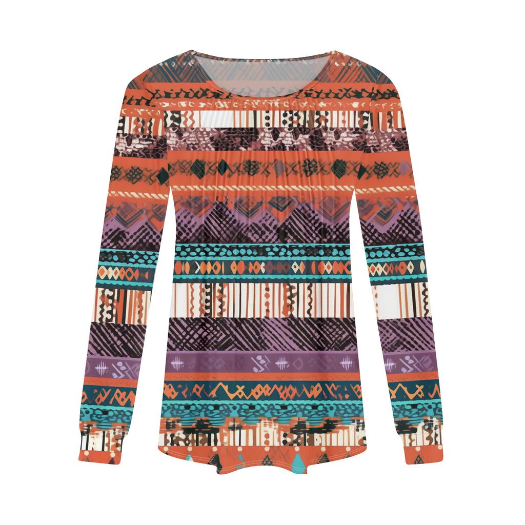 Damenmode Lässig Plissiert Rundhals Vintage Blumendruck Langarm T-Shirt Top