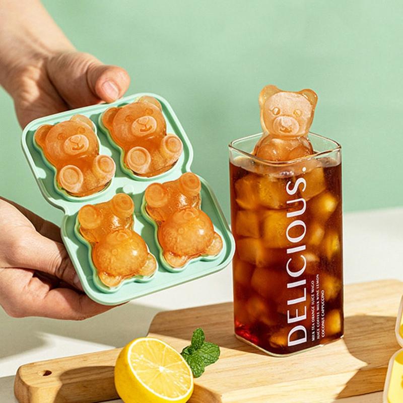 Bear Ice Mold Silicone 4 Grid Ice Tray Diy Home Kitchen Ice Cube Tray Frozen Coffee Milk Tea Ice Molds Cocktails Kitchen Tool