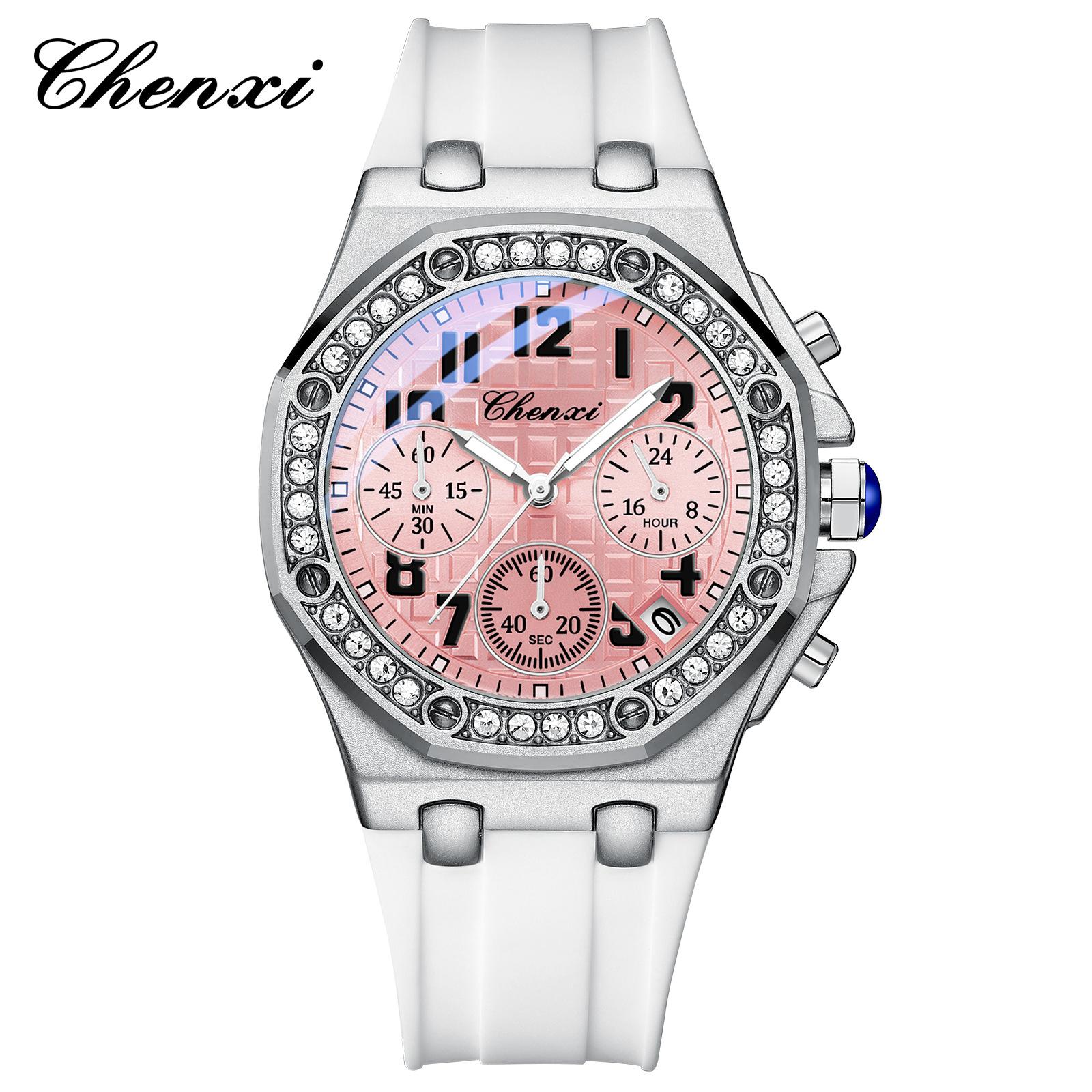 

CHENXI Модные женские часы Роскошные женские кварцевые часы-хронограф Водонепроницаемые Люминесцентные Дата Силиконовый ремешок Женские часы розовый