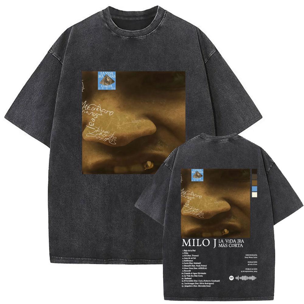 Gewaschenes Vintage Rapper Milo J La Vida Era Mas Corta Album Grafik T-Shirt Herren Damen Hip Hop Mode Popmusik T-Shirts Streetwear