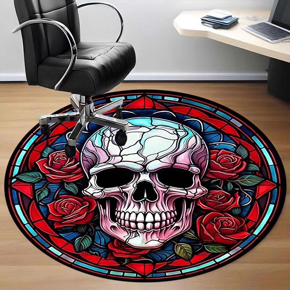 1PC Skull Rose Design Office Round Rug, Non slip, Soft and Durable Office Rug for Interior Decoration, Perfect for Office