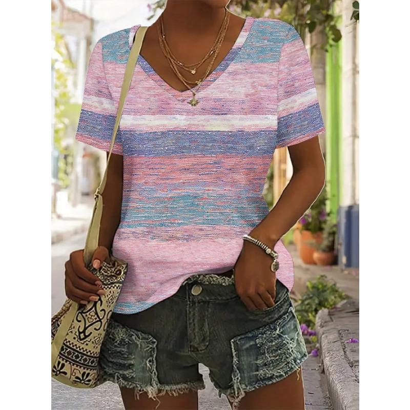 Spring Summer Loose V-neck Short Sleeved T-shirt for Women with Retro Print Shirt