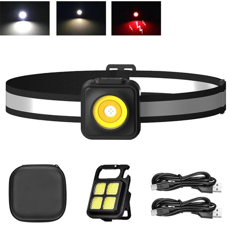 Super Bright COB Headlight USB C Rechargeable Headlamp Outdoor Powerful Emergency Floodlight Flashlight with Yellow Red Lights