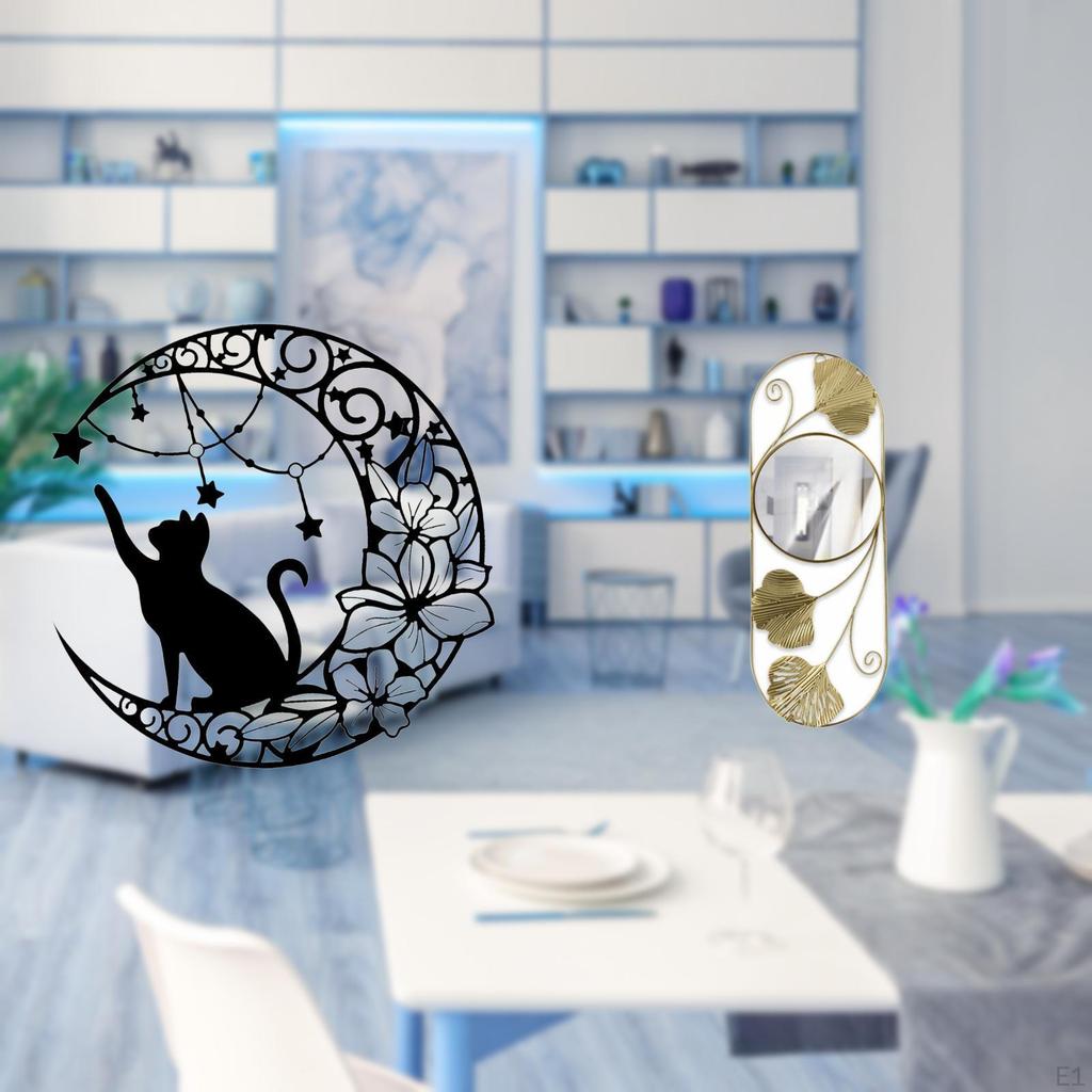 Wall Decor Black Cat Art Mirror for Living Room Corridor Entryway Hallway Metal Moon